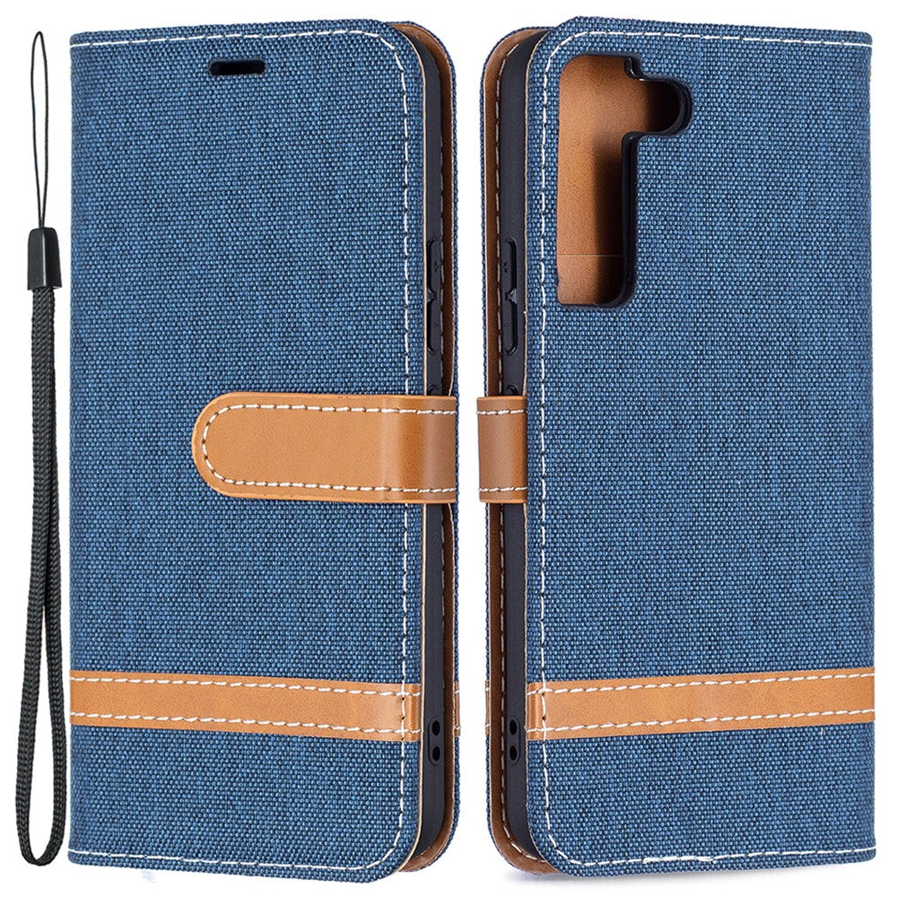 Skarvning jeans-tekstil, magnetisk lukning, stativ, PU-læderpung, lædermobilcover med bærerem til Samsung Galaxy S22 5G