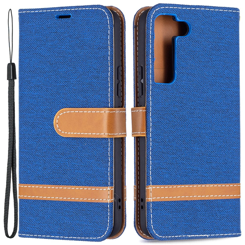 Skarvning jeans-tekstil, magnetisk lukning, stativ, PU-læderpung, lædermobilcover med bærerem til Samsung Galaxy S22 5G