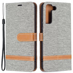 For Samsung Galaxy S22+ 5G Drop-proof Splicing Jeans Cloth Magnetic Clasp Stand PU Leather Wallet Leather Phone Case