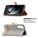 For Samsung Galaxy S22+ 5G Drop-proof Splicing Jeans Cloth Magnetic Clasp Stand PU Leather Wallet Leather Phone Case