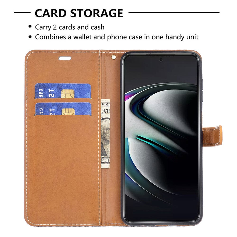 For Samsung Galaxy S22+ 5G Drop-proof Splicing Jeans Cloth Magnetic Clasp Stand PU Leather Wallet Leather Phone Case
