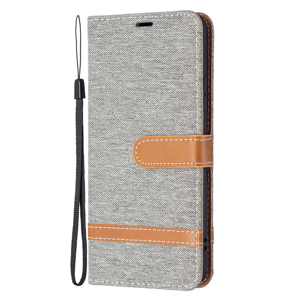 For Samsung Galaxy S22+ 5G Drop-proof Splicing Jeans Cloth Magnetic Clasp Stand PU Leather Wallet Leather Phone Case