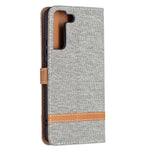 For Samsung Galaxy S22+ 5G Drop-proof Splicing Jeans Cloth Magnetic Clasp Stand PU Leather Wallet Leather Phone Case