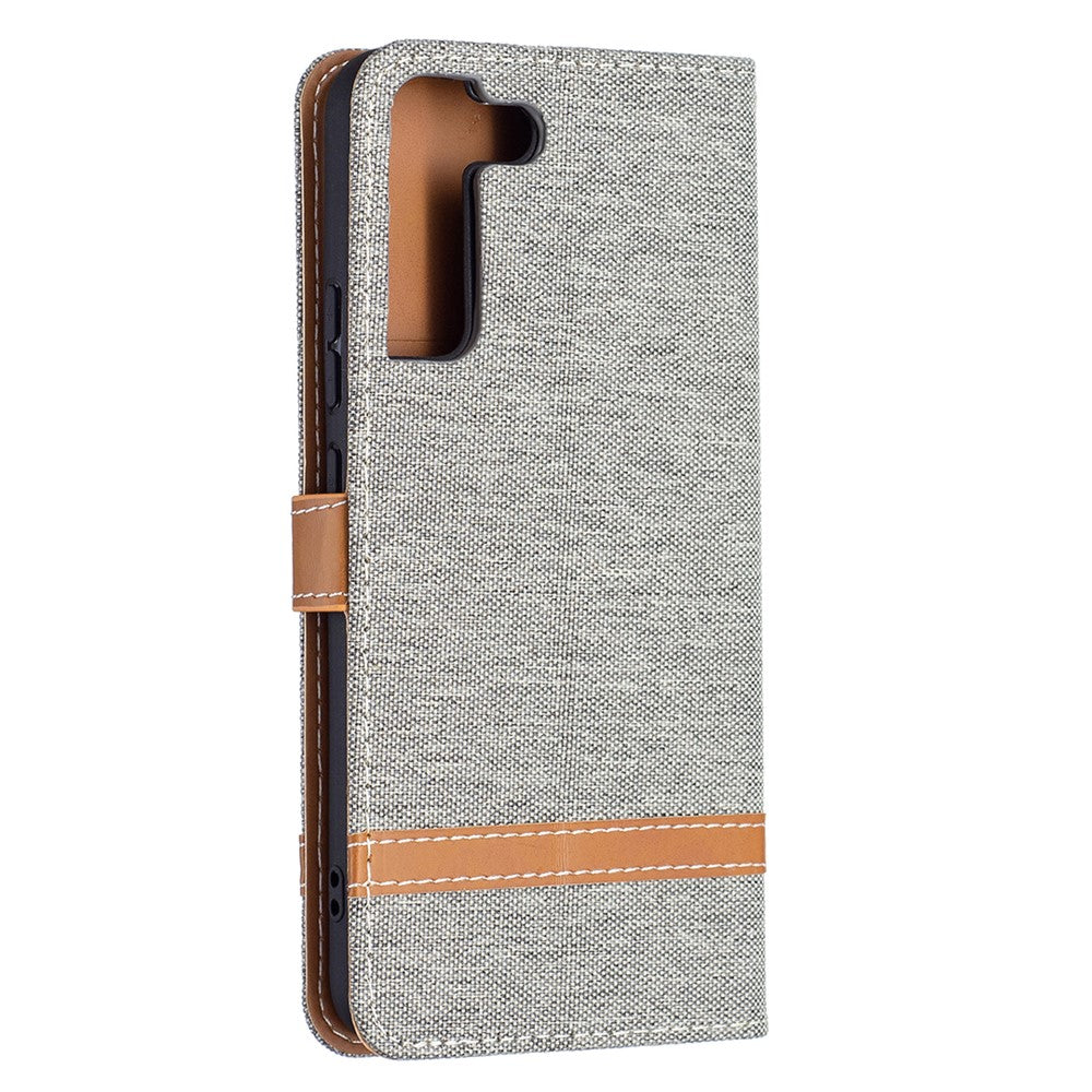 For Samsung Galaxy S22+ 5G Drop-proof Splicing Jeans Cloth Magnetic Clasp Stand PU Leather Wallet Leather Phone Case