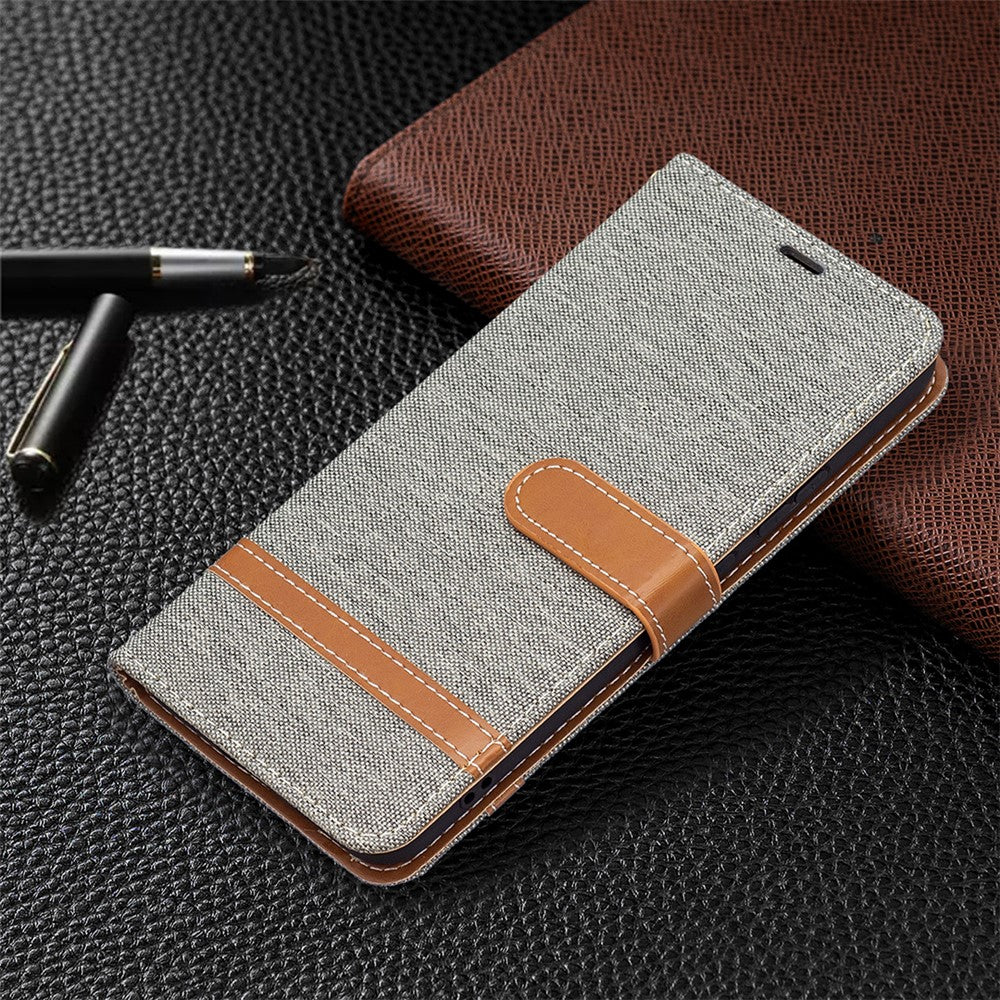 For Samsung Galaxy S22+ 5G Drop-proof Splicing Jeans Cloth Magnetic Clasp Stand PU Leather Wallet Leather Phone Case