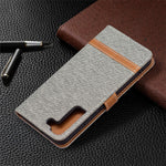 For Samsung Galaxy S22+ 5G Drop-proof Splicing Jeans Cloth Magnetic Clasp Stand PU Leather Wallet Leather Phone Case