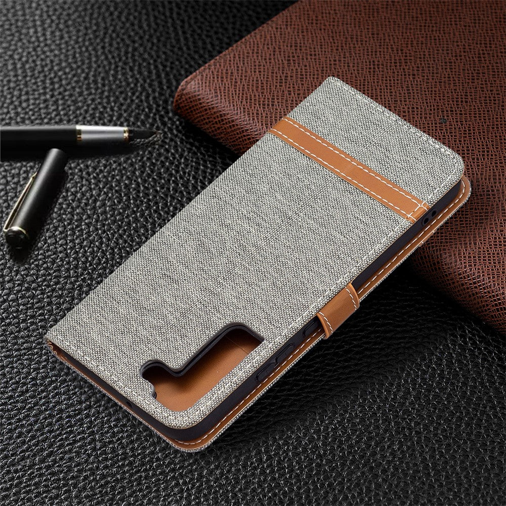For Samsung Galaxy S22+ 5G Drop-proof Splicing Jeans Cloth Magnetic Clasp Stand PU Leather Wallet Leather Phone Case