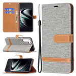 For Samsung Galaxy S22+ 5G Drop-proof Splicing Jeans Cloth Magnetic Clasp Stand PU Leather Wallet Leather Phone Case