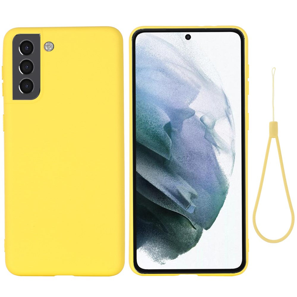 Solid Color Liquid Silicone Drop-resistant Phone Case Cover with Strap for Samsung Galaxy S22+ 5G