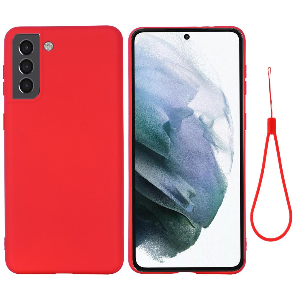 Solid Color Liquid Silicone Drop-resistant Phone Case Cover with Strap for Samsung Galaxy S22+ 5G