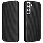 Telefoncover i PU-læder med kulfibertekstur, autoabsorberende magnetisk lukning og standerfunktion med ringrem til Samsung Galaxy S22+ 5G