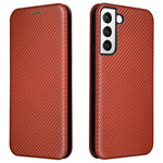 Telefoncover i PU-læder med kulfibertekstur, autoabsorberende magnetisk lukning og standerfunktion med ringrem til Samsung Galaxy S22+ 5G