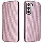 Telefoncover i PU-læder med kulfibertekstur, autoabsorberende magnetisk lukning og standerfunktion med ringrem til Samsung Galaxy S22+ 5G