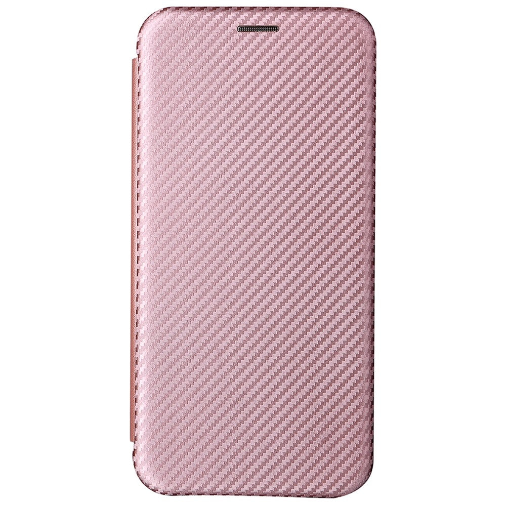 Telefoncover i PU-læder med kulfibertekstur, autoabsorberende magnetisk lukning og standerfunktion med ringrem til Samsung Galaxy S22+ 5G