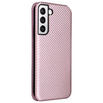 Telefoncover i PU-læder med kulfibertekstur, autoabsorberende magnetisk lukning og standerfunktion med ringrem til Samsung Galaxy S22+ 5G