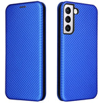 Telefoncover i PU-læder med kulfibertekstur, autoabsorberende magnetisk lukning og standerfunktion med ringrem til Samsung Galaxy S22+ 5G