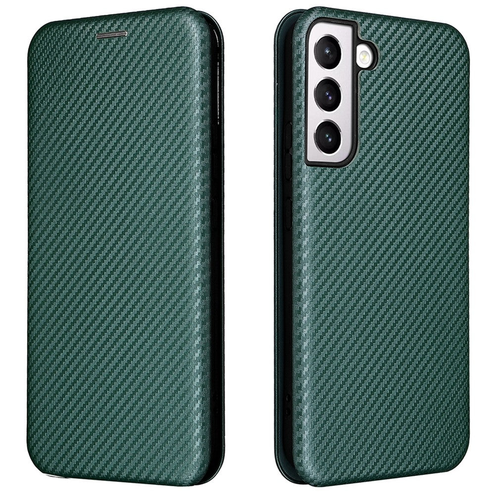 Telefoncover i PU-læder med kulfibertekstur, autoabsorberende magnetisk lukning og standerfunktion med ringrem til Samsung Galaxy S22+ 5G