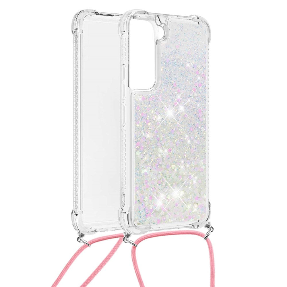 Glitter Quicksand Clear Soft TPU Phone Case with Adjustable Lanyard for Samsung Galaxy S22 5G