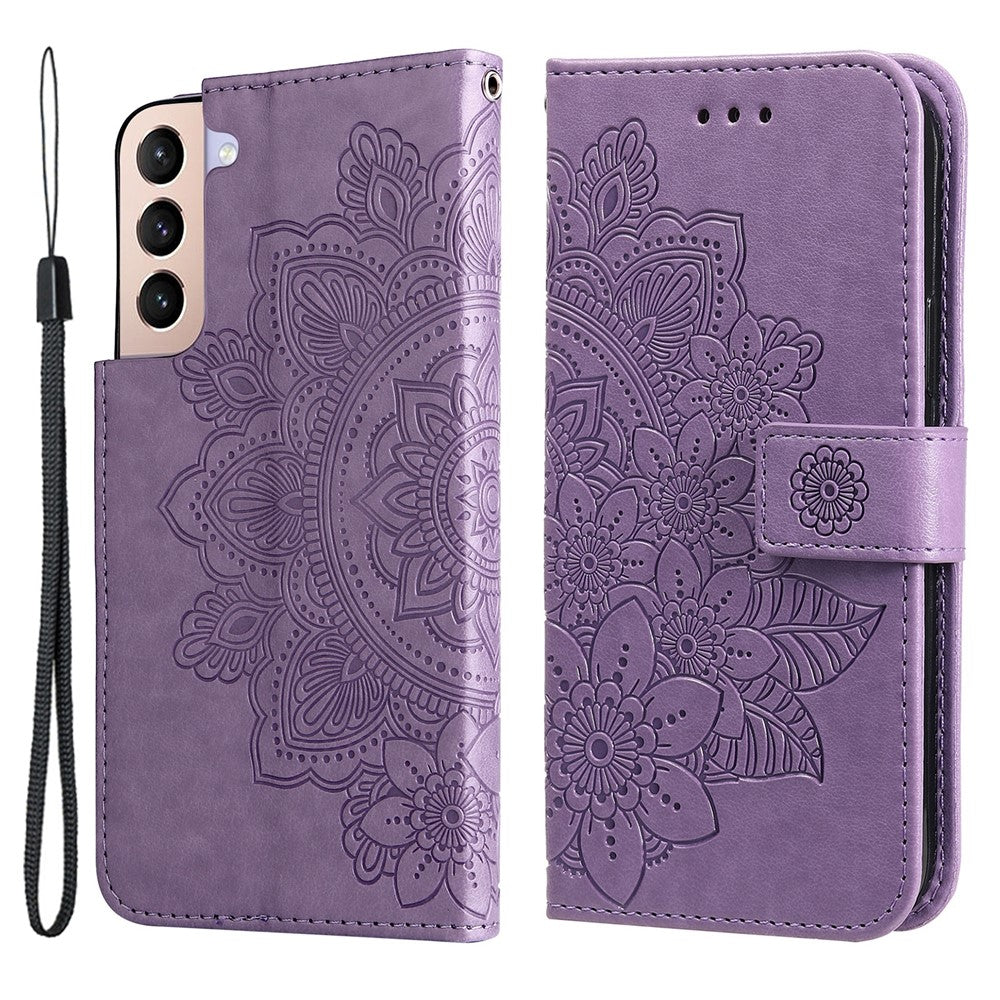 Dobbeltsidet Spænde Velbeskyttet Aftryk Blomstermønster PU Læder Standerpung Etui med Halsrem til Samsung Galaxy S22+ 5G