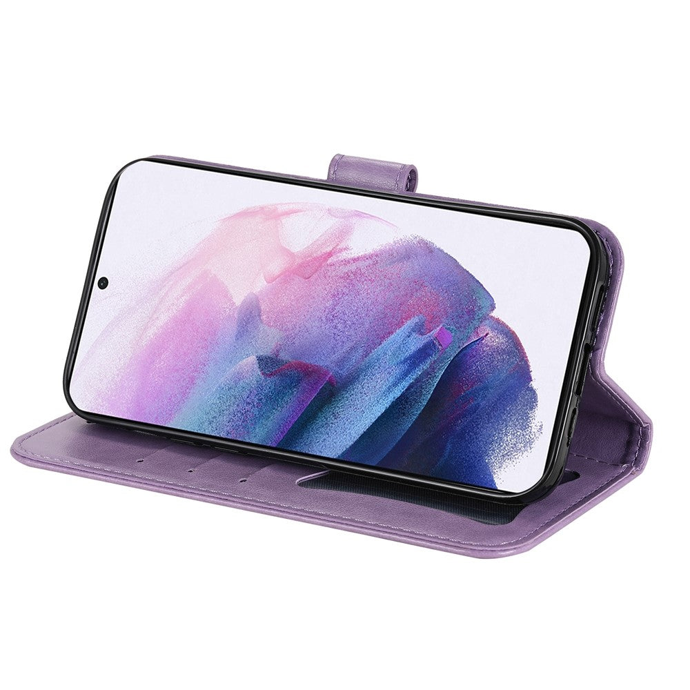 Dobbeltsidet Spænde Velbeskyttet Aftryk Blomstermønster PU Læder Standerpung Etui med Halsrem til Samsung Galaxy S22+ 5G