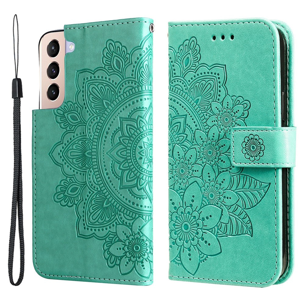 Dobbeltsidet Spænde Velbeskyttet Aftryk Blomstermønster PU Læder Standerpung Etui med Halsrem til Samsung Galaxy S22+ 5G