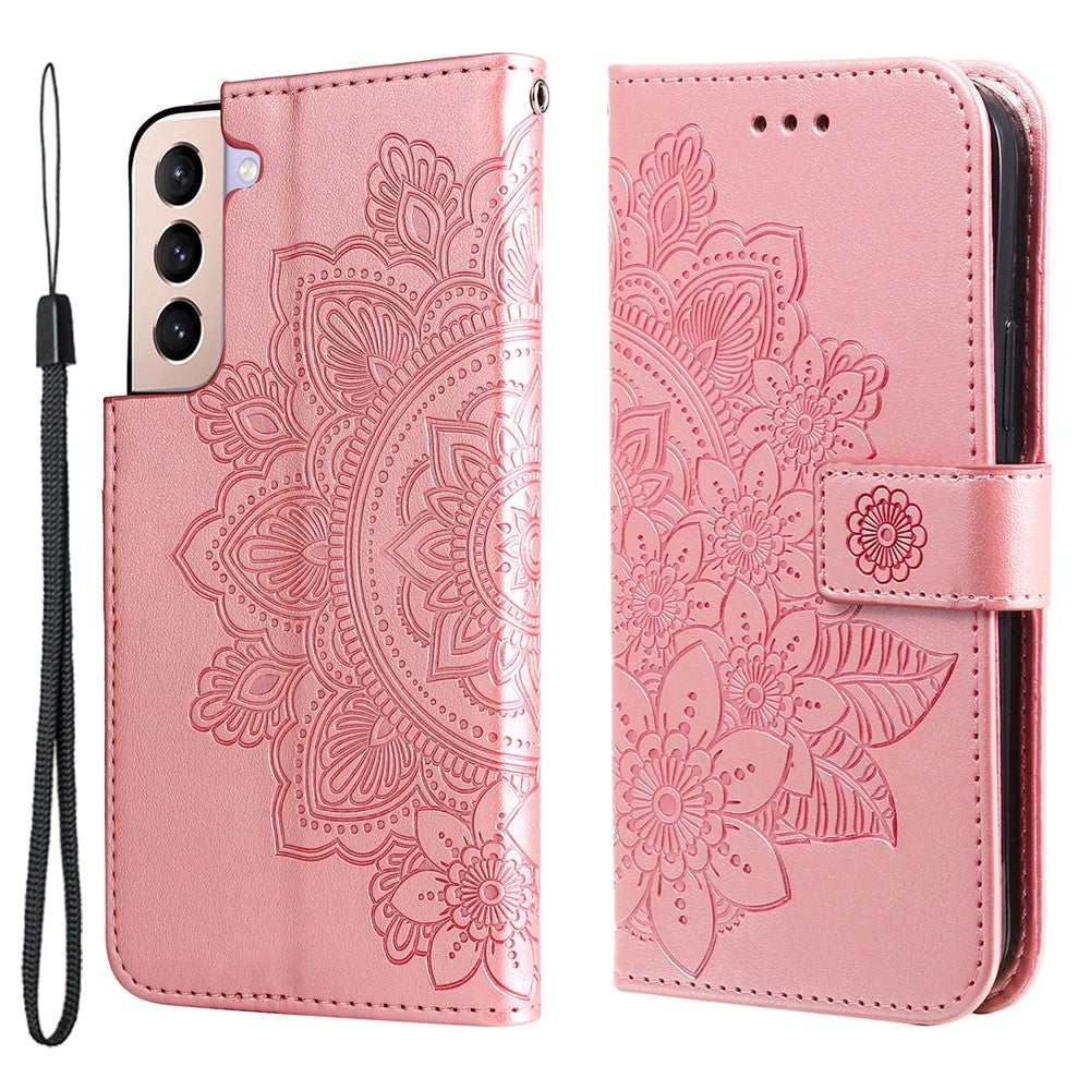 Dobbeltsidet Spænde Velbeskyttet Aftryk Blomstermønster PU Læder Standerpung Etui med Halsrem til Samsung Galaxy S22+ 5G