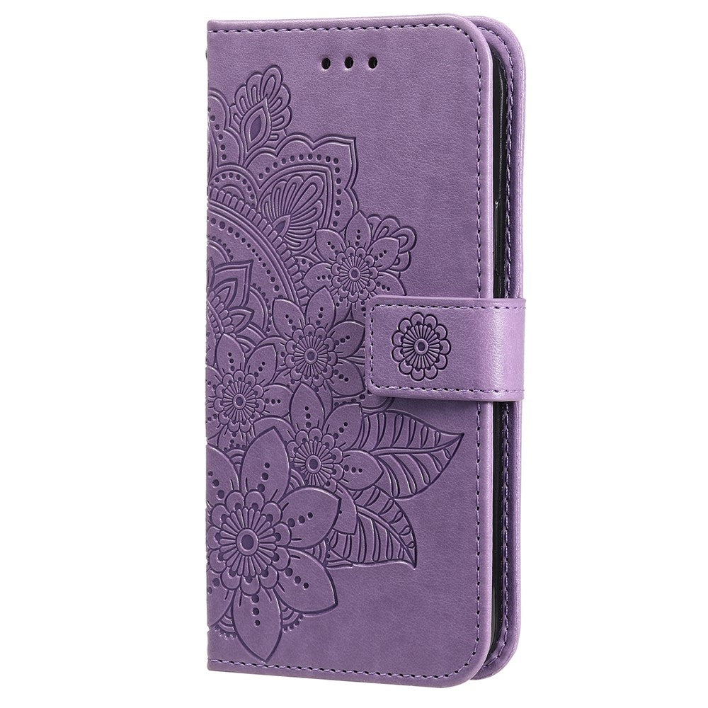 Stylish Phone Case Imprint Flower Pattern PU Leather Stand Wallet Flip Protective Shell with Strap for Samsung Galaxy S22 5G