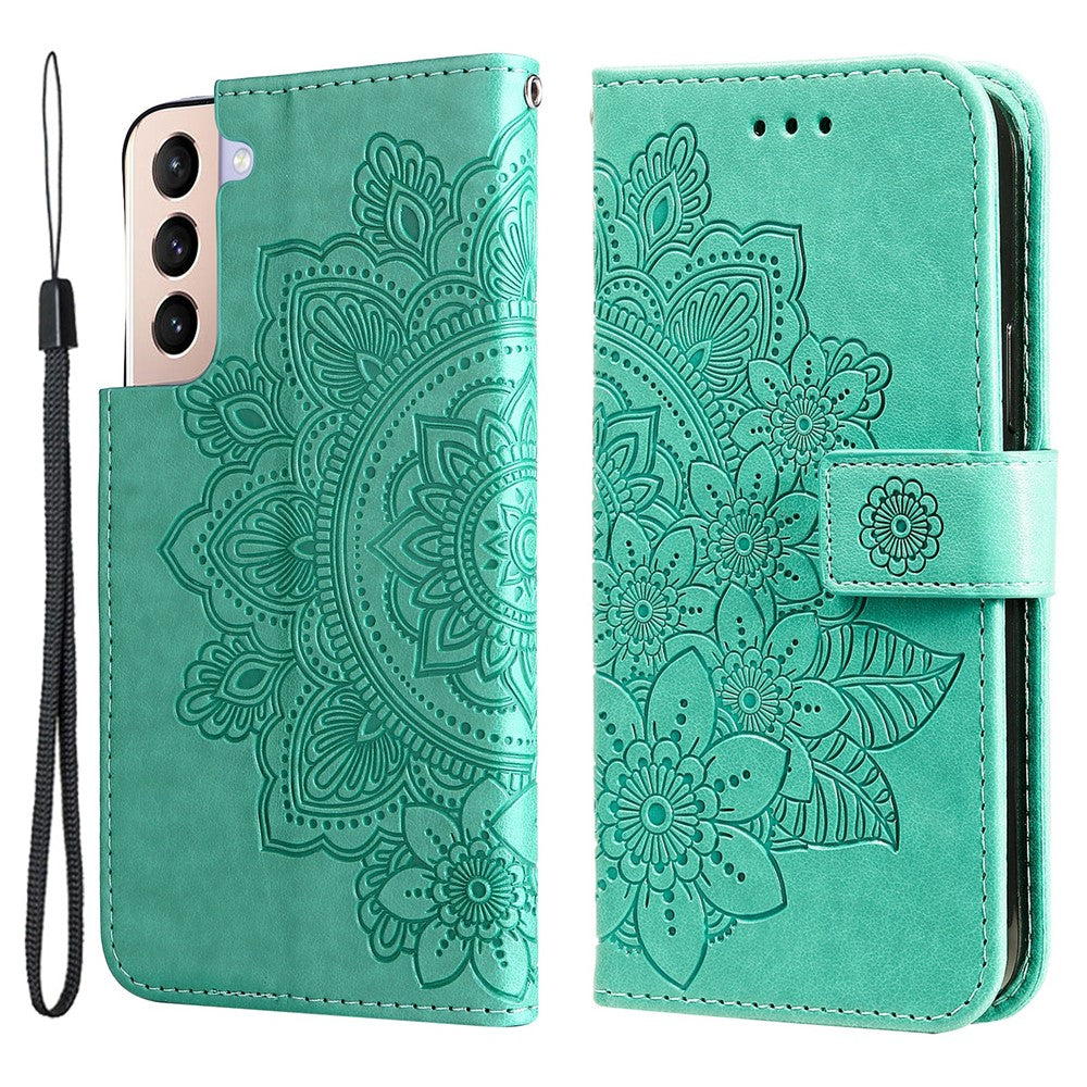 Stylish Phone Case Imprint Flower Pattern PU Leather Stand Wallet Flip Protective Shell with Strap for Samsung Galaxy S22 5G