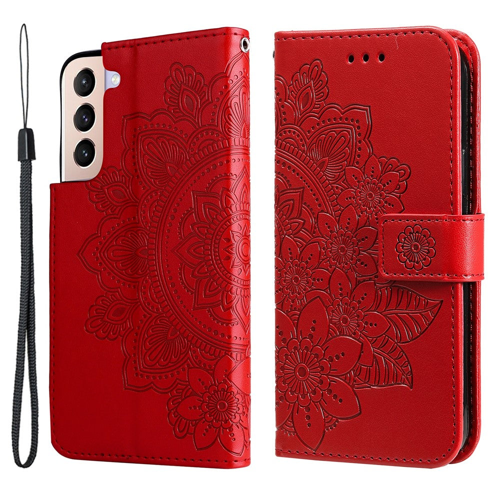 Stylish Phone Case Imprint Flower Pattern PU Leather Stand Wallet Flip Protective Shell with Strap for Samsung Galaxy S22 5G