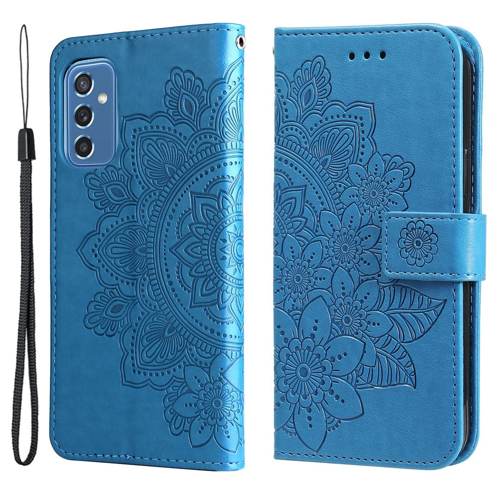Telefoncover Flip Mobiltelefonetui med præget blomstermønster TPU+PU-læder standerpung med snor til Samsung Galaxy M52 5G
