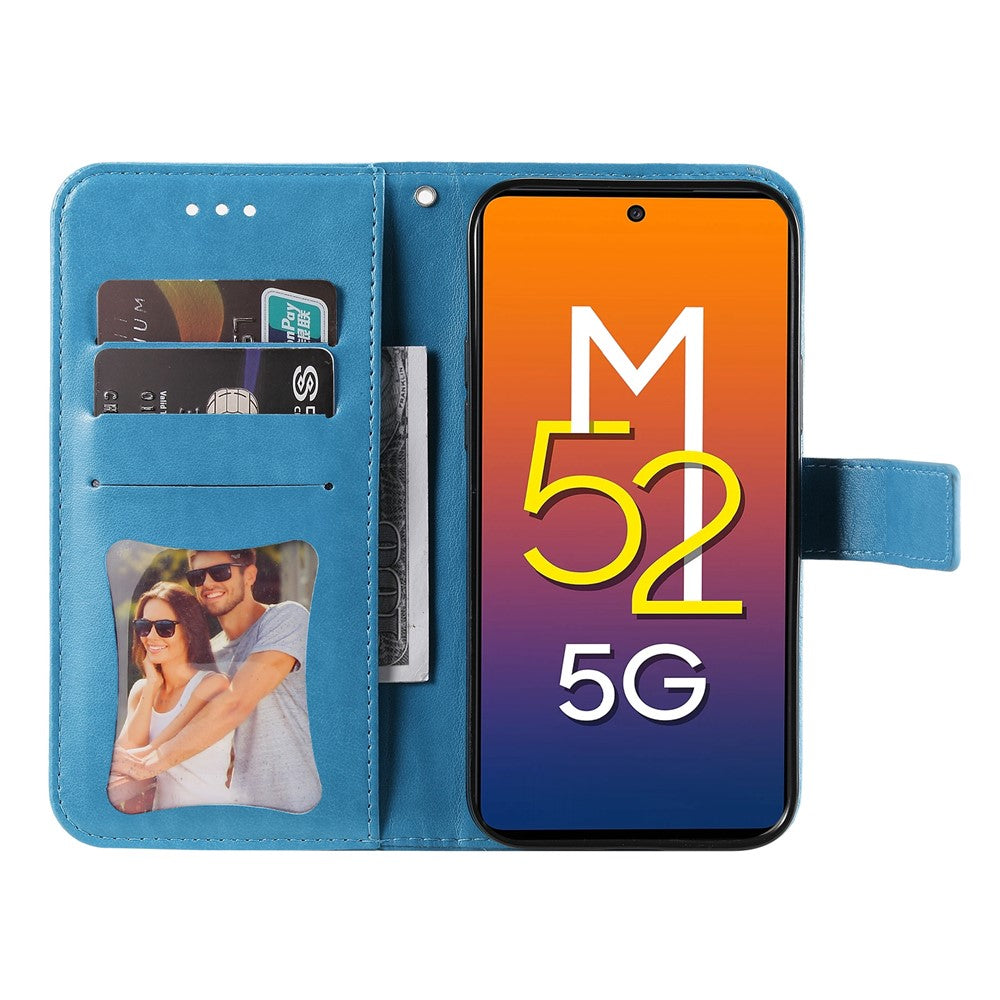 Telefoncover Flip Mobiltelefonetui med præget blomstermønster TPU+PU-læder standerpung med snor til Samsung Galaxy M52 5G