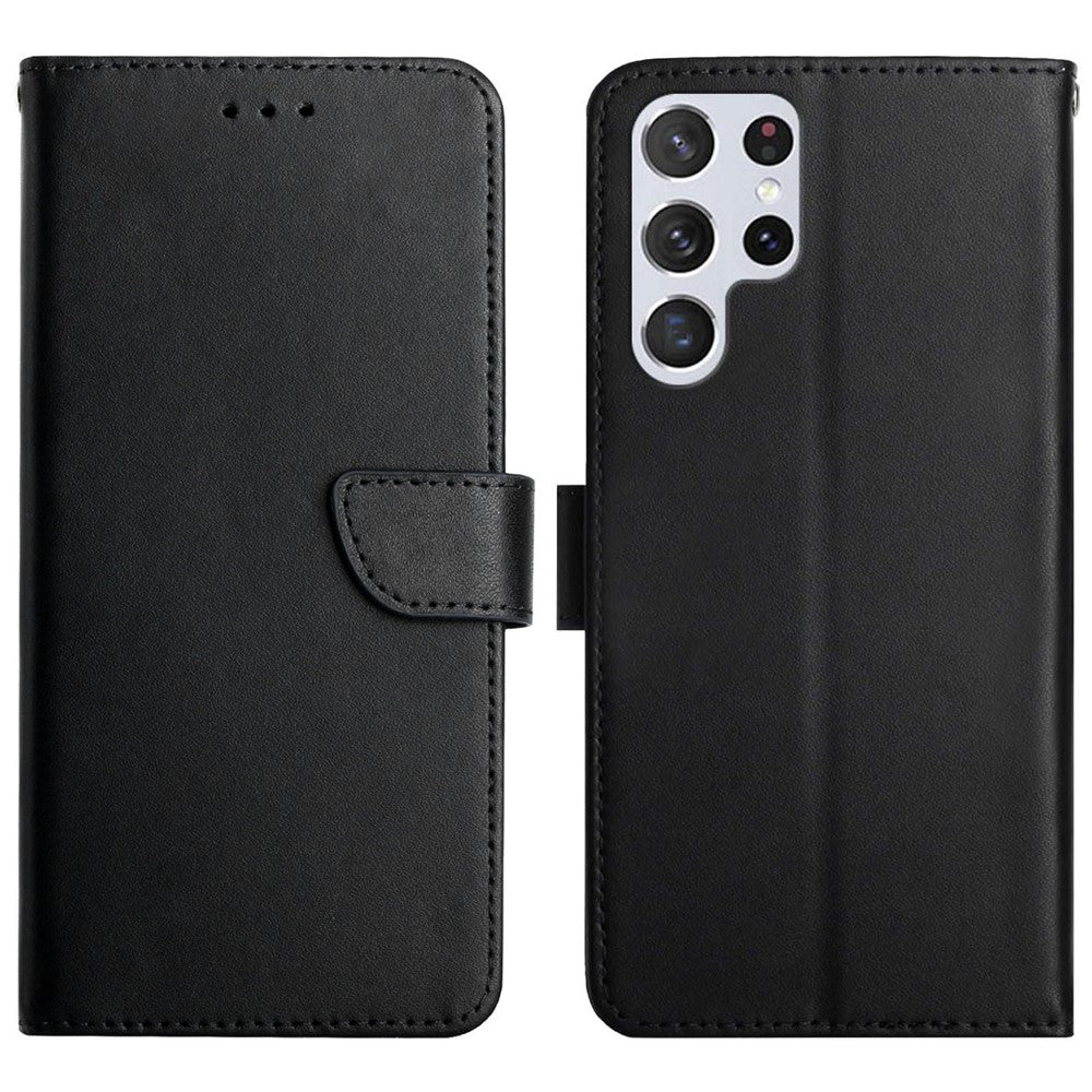 Nappa Texture Genuine Leather Shell Case Solid Color Stand Wallet Phone Cover for Samsung Galaxy S22 Ultra 5G