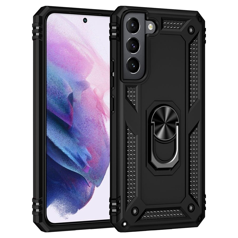 Shockproof Ring Holder Kickstand Design PC + TPU + Metal Hybrid Phone Cover Shell for Samsung Galaxy S22 5G 5G