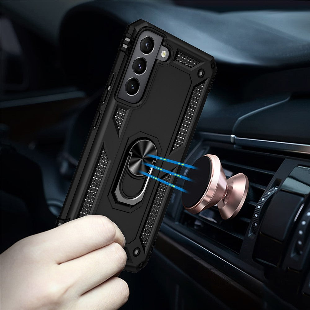 Shockproof Ring Holder Kickstand Design PC + TPU + Metal Hybrid Phone Cover Shell for Samsung Galaxy S22 5G 5G