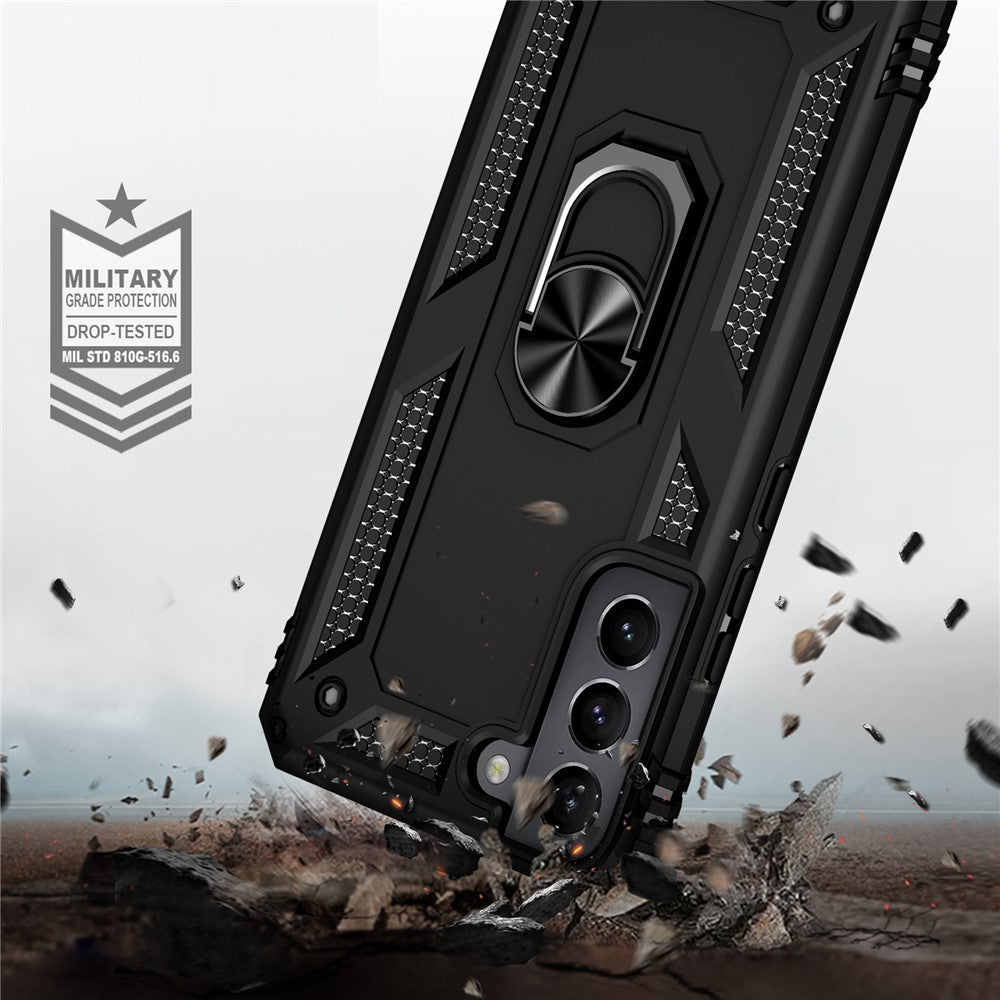 Shockproof Ring Holder Kickstand Design PC + TPU + Metal Hybrid Phone Cover Shell for Samsung Galaxy S22 5G 5G