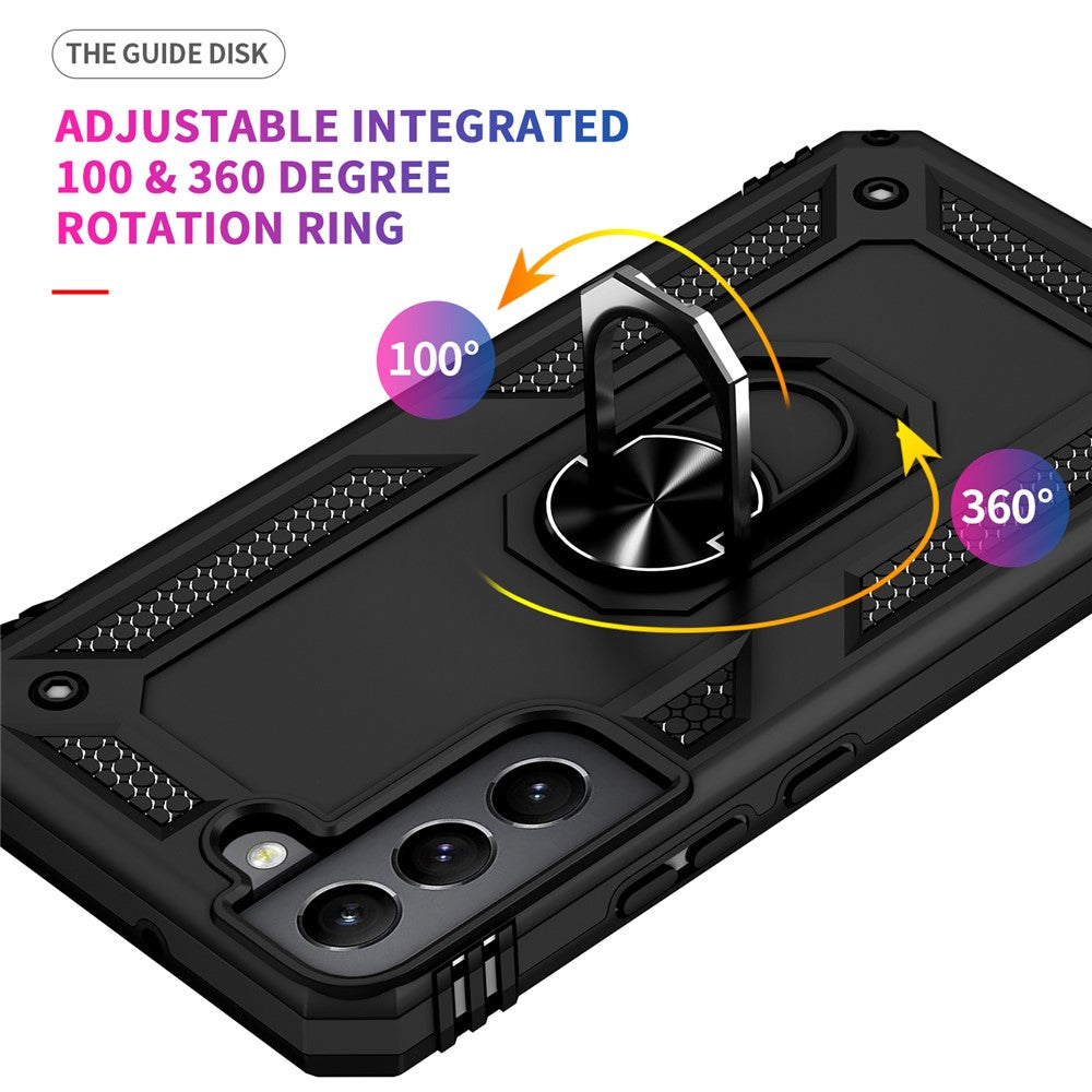 Shockproof Ring Holder Kickstand Design PC + TPU + Metal Hybrid Phone Cover Shell for Samsung Galaxy S22 5G 5G