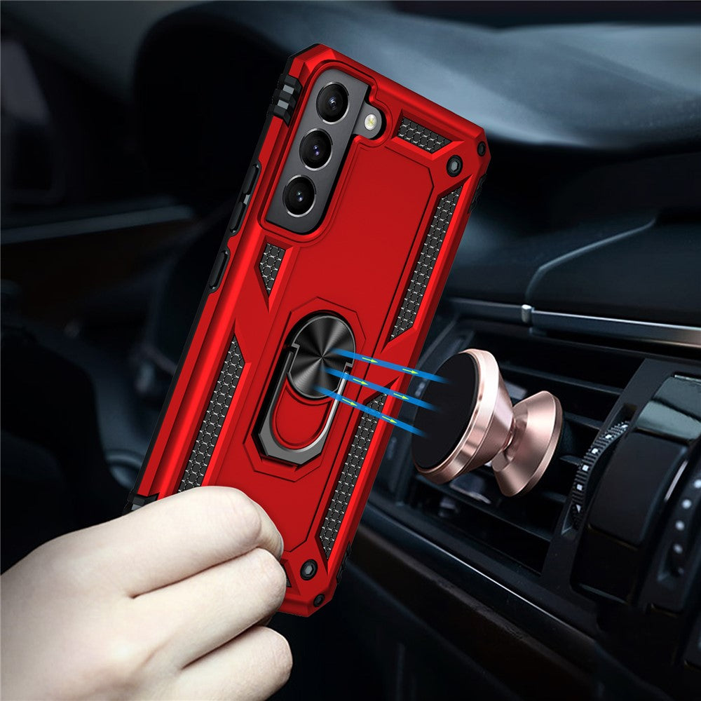 Hard Anti-scratch Phone Shell Ring Holder Kickstand Design PC + TPU + Metal Hybrid Phone Cover for Samsung Galaxy S22+ 5G