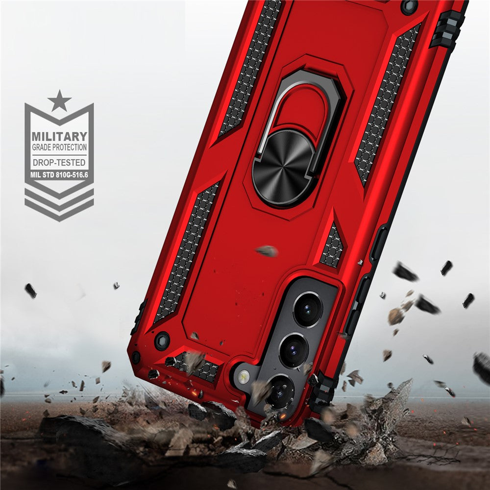 Hard Anti-scratch Phone Shell Ring Holder Kickstand Design PC + TPU + Metal Hybrid Phone Cover for Samsung Galaxy S22+ 5G