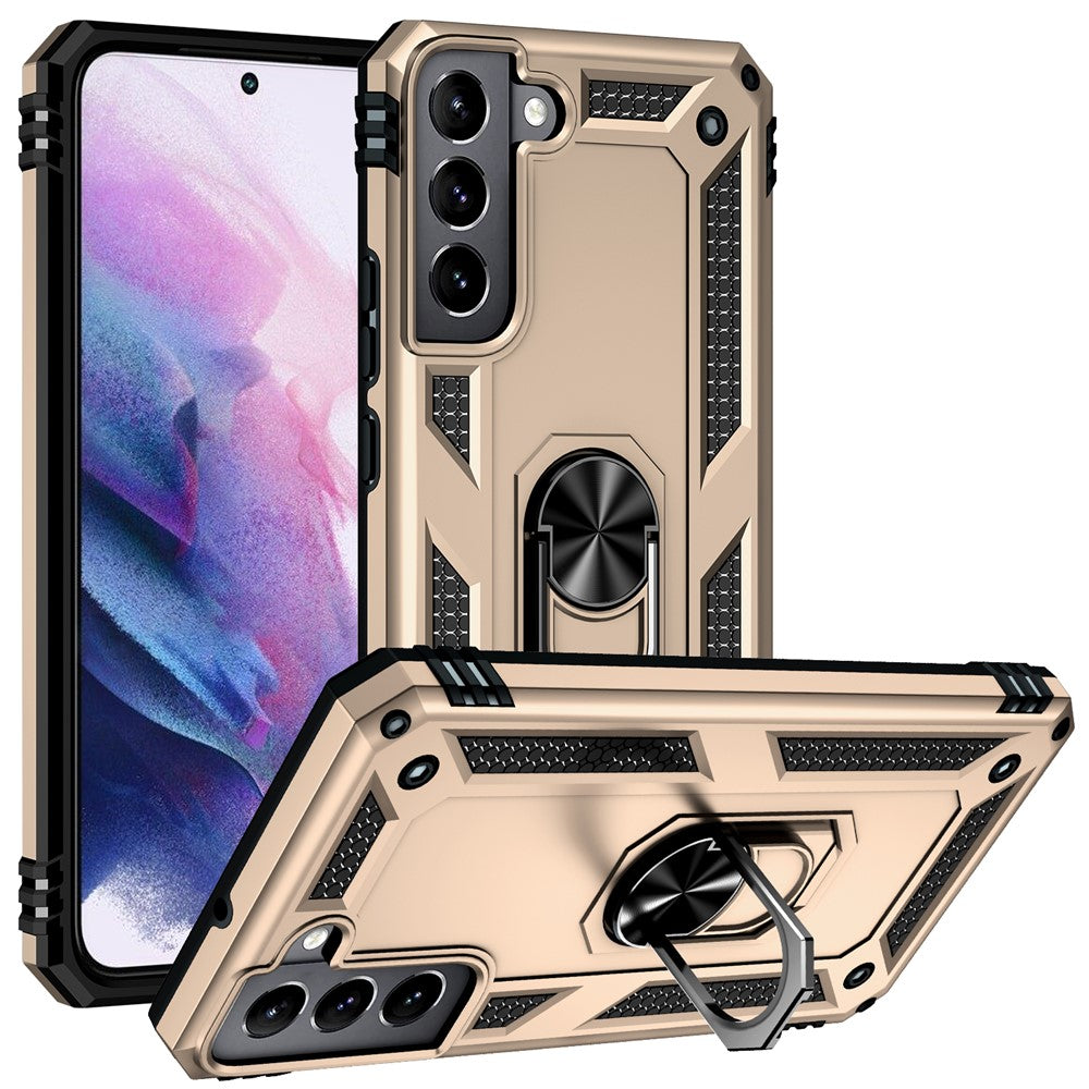 Hard Anti-scratch Phone Shell Ring Holder Kickstand Design PC + TPU + Metal Hybrid Phone Cover for Samsung Galaxy S22+ 5G
