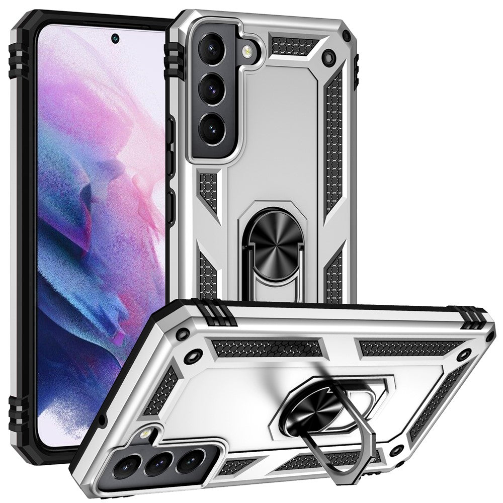 Hard Anti-scratch Phone Shell Ring Holder Kickstand Design PC + TPU + Metal Hybrid Phone Cover for Samsung Galaxy S22+ 5G