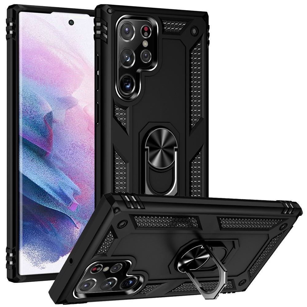 Supporting Kickstand Design Phone Back Case Ring Holder PC + TPU + Metal Hybrid Phone Cover Shell for Samsung Galaxy S22 Ultra 5G