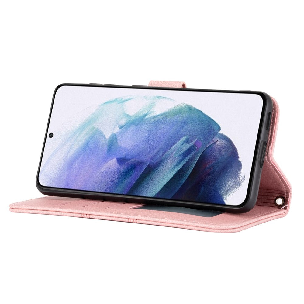 Skin-touch Feeling Surface PU Leather and TPU Imprinted Pattern Wallet Phone Case Cover with Stand for Samsung Galaxy S22 5G