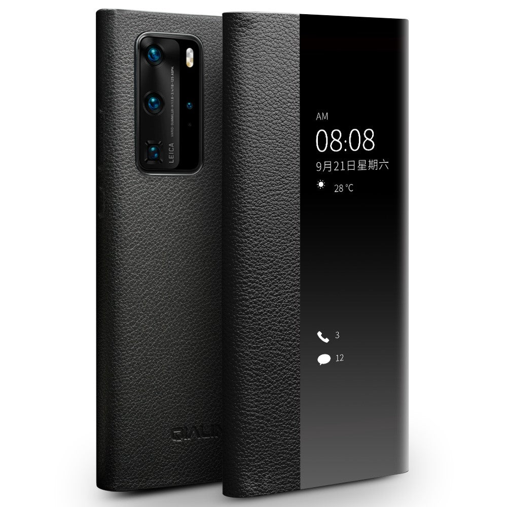 QIALINO Auto Wake/Sleep-funktion Ultratunt mobilskal i Äkta Läder med Fönster för Huawei P40