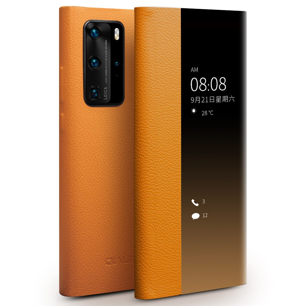QIALINO Auto Wake/Sleep-funktion Ultratunt mobilskal i Äkta Läder med Fönster för Huawei P40