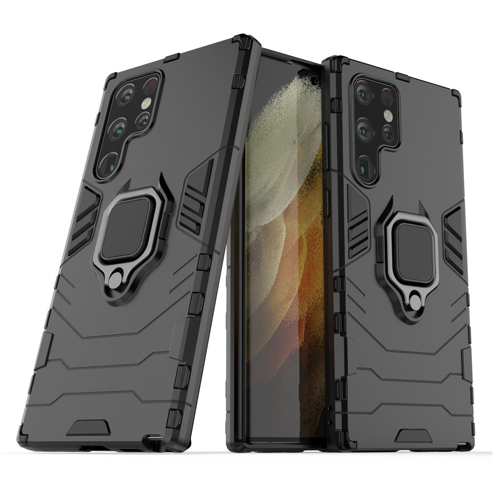 Hybrid Hard PC Soft TPU Drop Protection Cover with Metal Ring Holder Kickstand for Samsung Galaxy S22 Ultra 5G