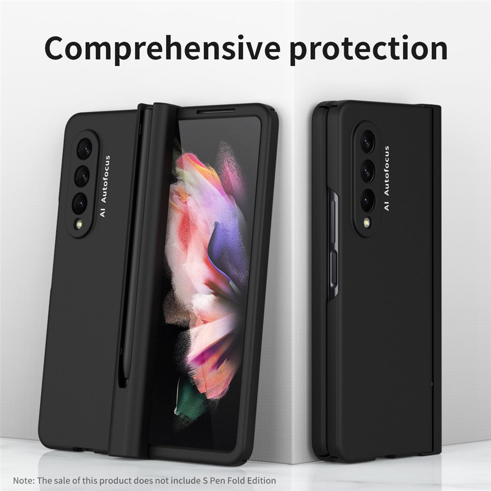 PU Leather Coated PC Hinged Cover Folio Flip Full Protection Phone Case with Pen Holder and Tempered Glass Screen Protector for Samsung Galaxy Z Fold3 5G