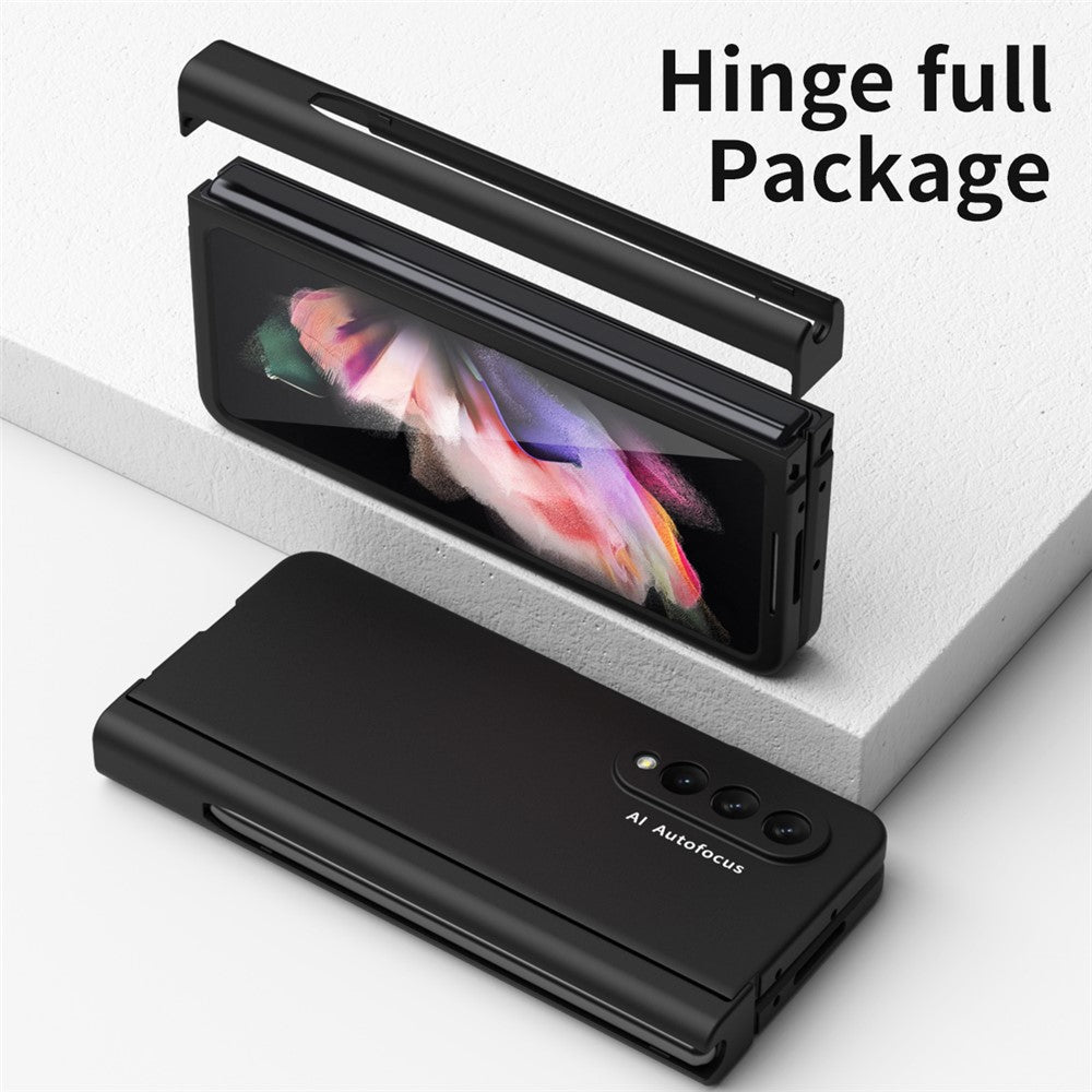 PU Leather Coated PC Hinged Cover Folio Flip Full Protection Phone Case with Pen Holder and Tempered Glass Screen Protector for Samsung Galaxy Z Fold3 5G