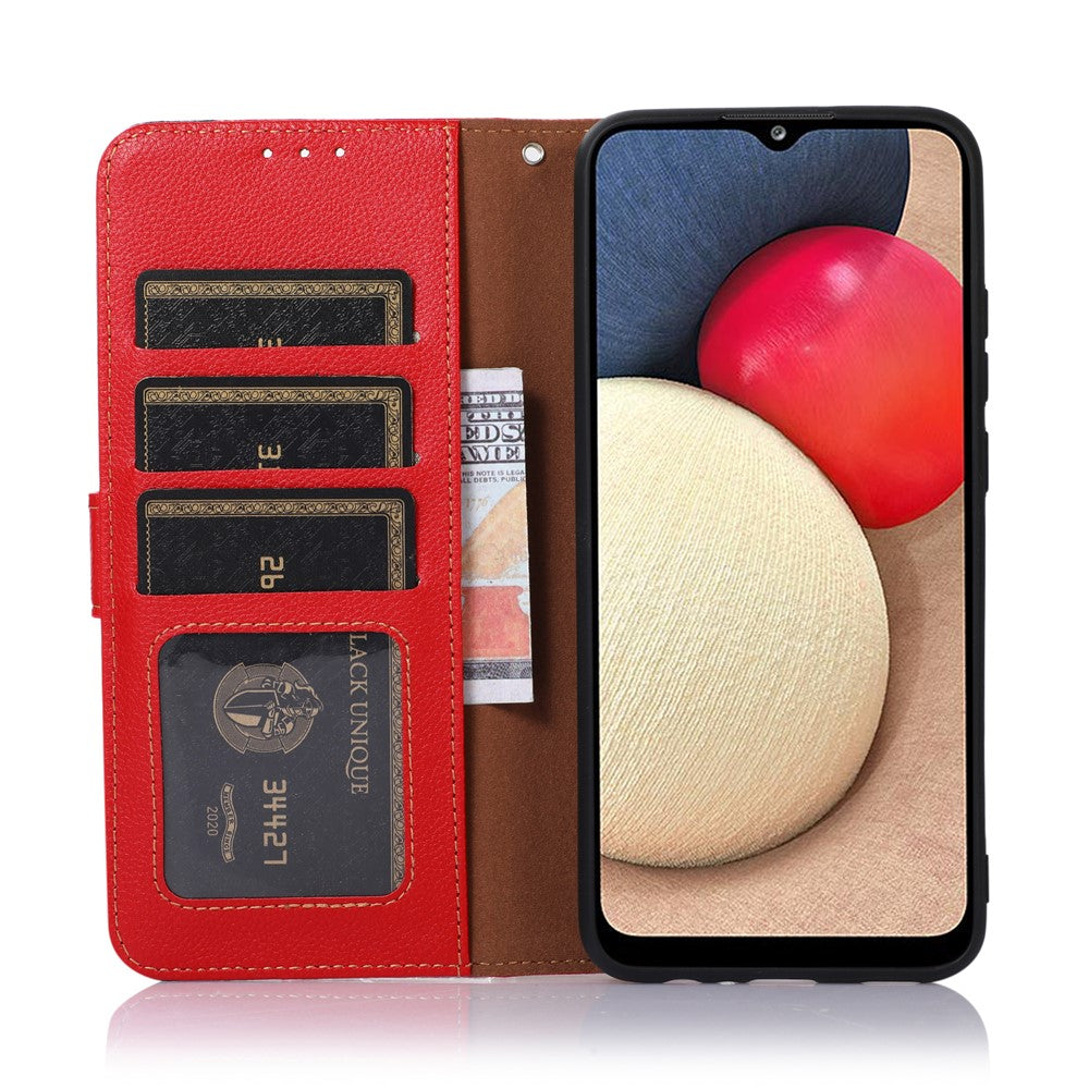 KHAZNEH RFID Blocking Litchi Texture PU Leather Cover with Strap Stand Wallet Drop-proof Cover for Samsung Galaxy A33 5G