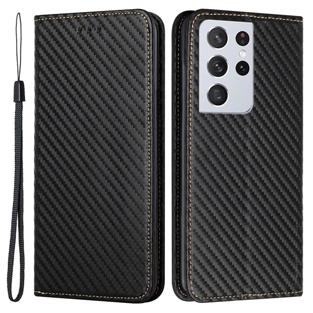 Carbon Fiber Texture Foldable Stand Shockproof Leather Wallet Case with Auto Closure Magnet for Samsung Galaxy S21 Ultra 5G