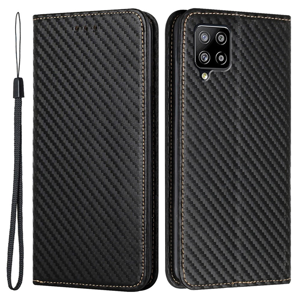 Phone Covering Hand Strap Design Carbon Fiber Texture Stand Wallet Design Auto-absorbed Leather Case for Samsung Galaxy A42 5G